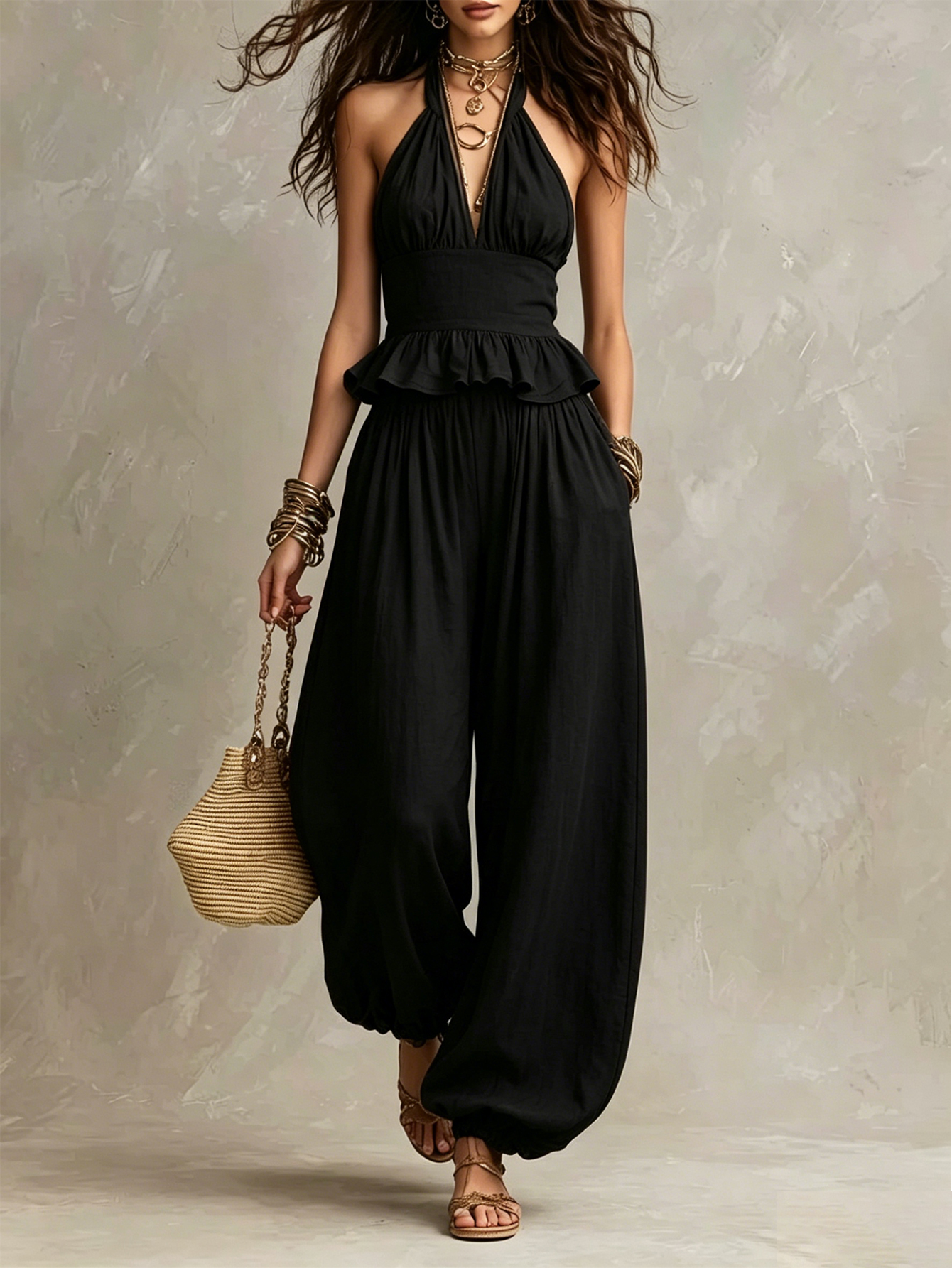 Women's Halter Ruffle Top & Balloon Wide Leg Pants 2-Piece Set [Pre-order]