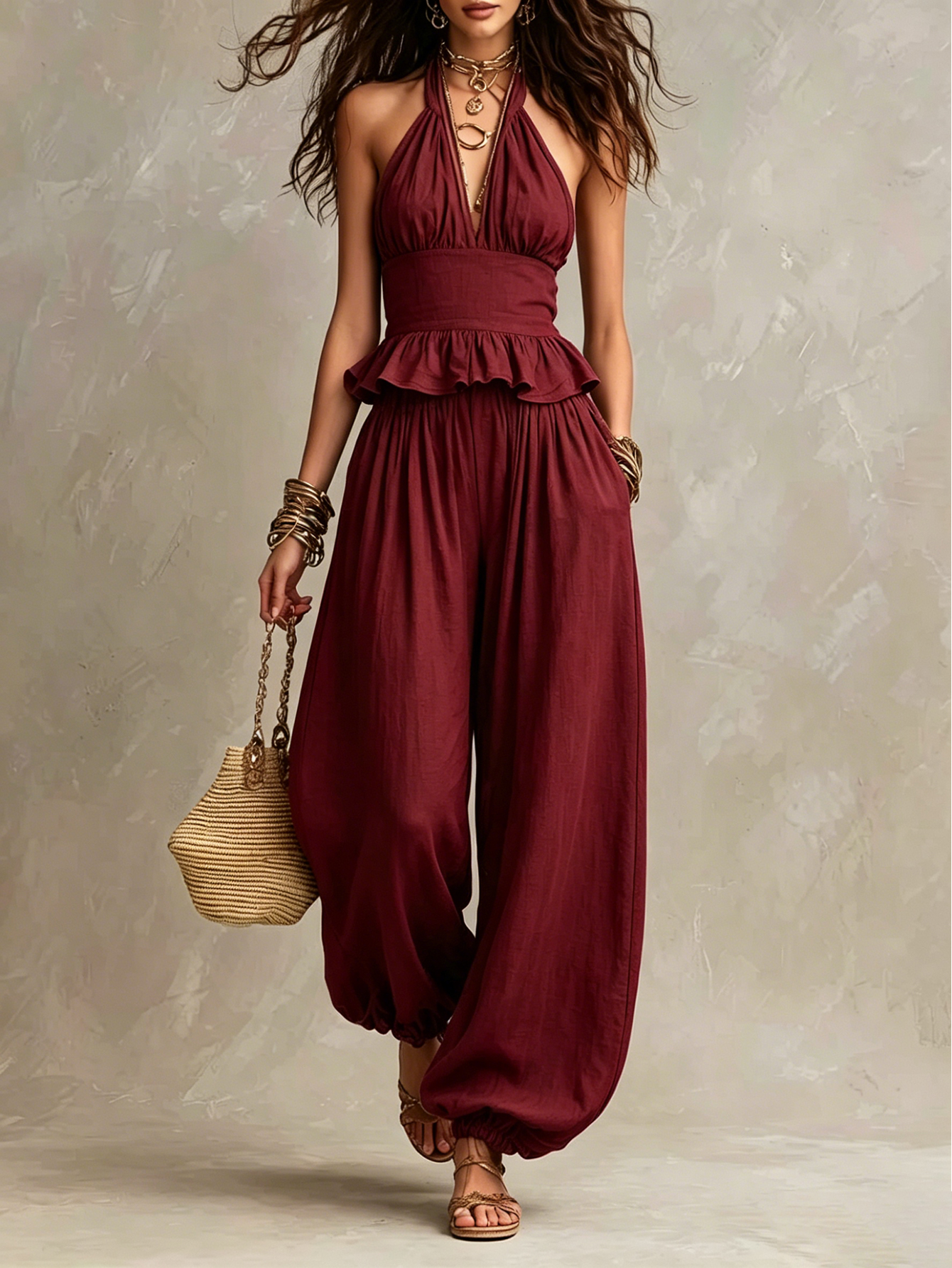 Women's Halter Ruffle Top & Balloon Wide Leg Pants 2-Piece Set [Pre-order]