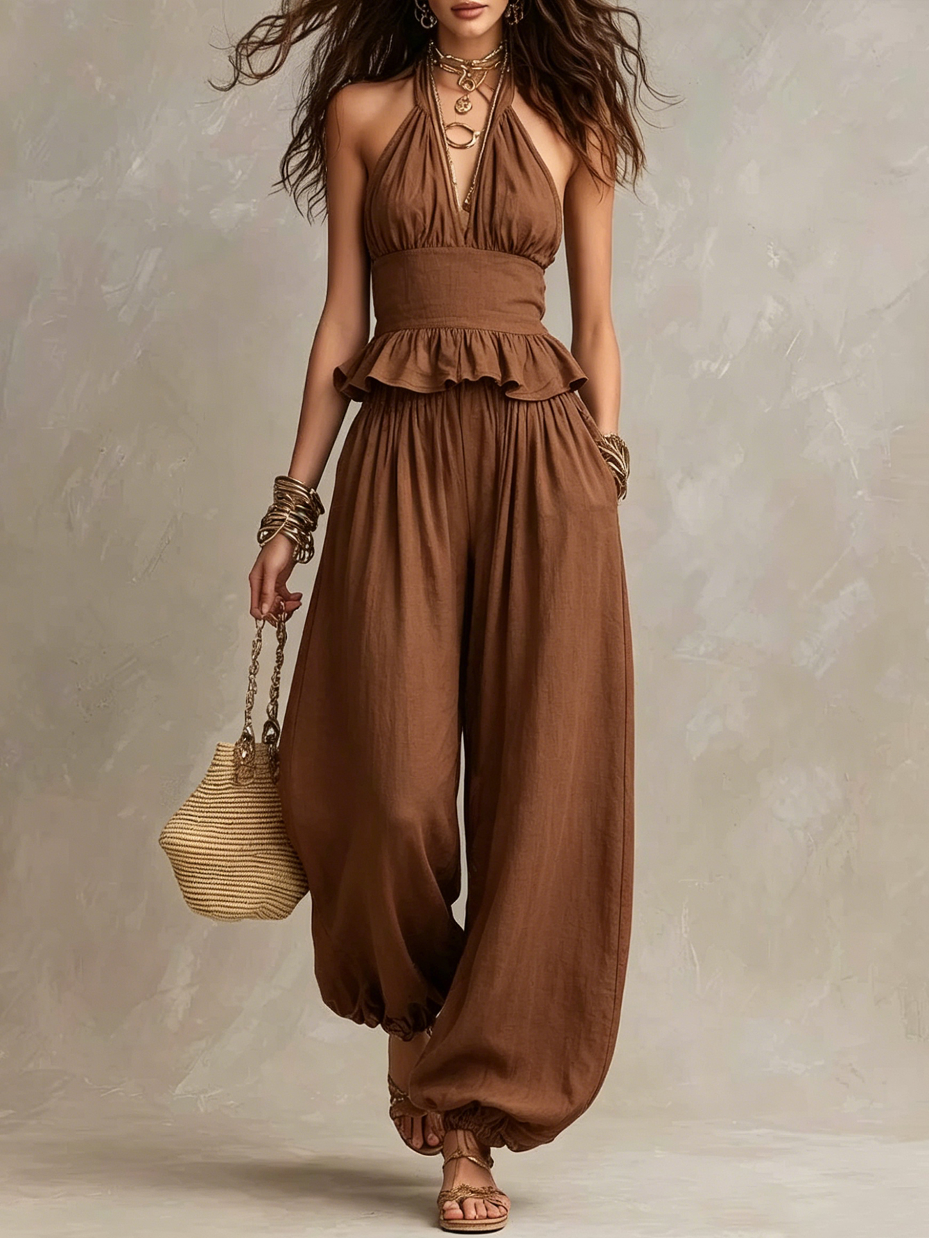 Women's Halter Ruffle Top & Balloon Wide Leg Pants 2-Piece Set [Pre-order]