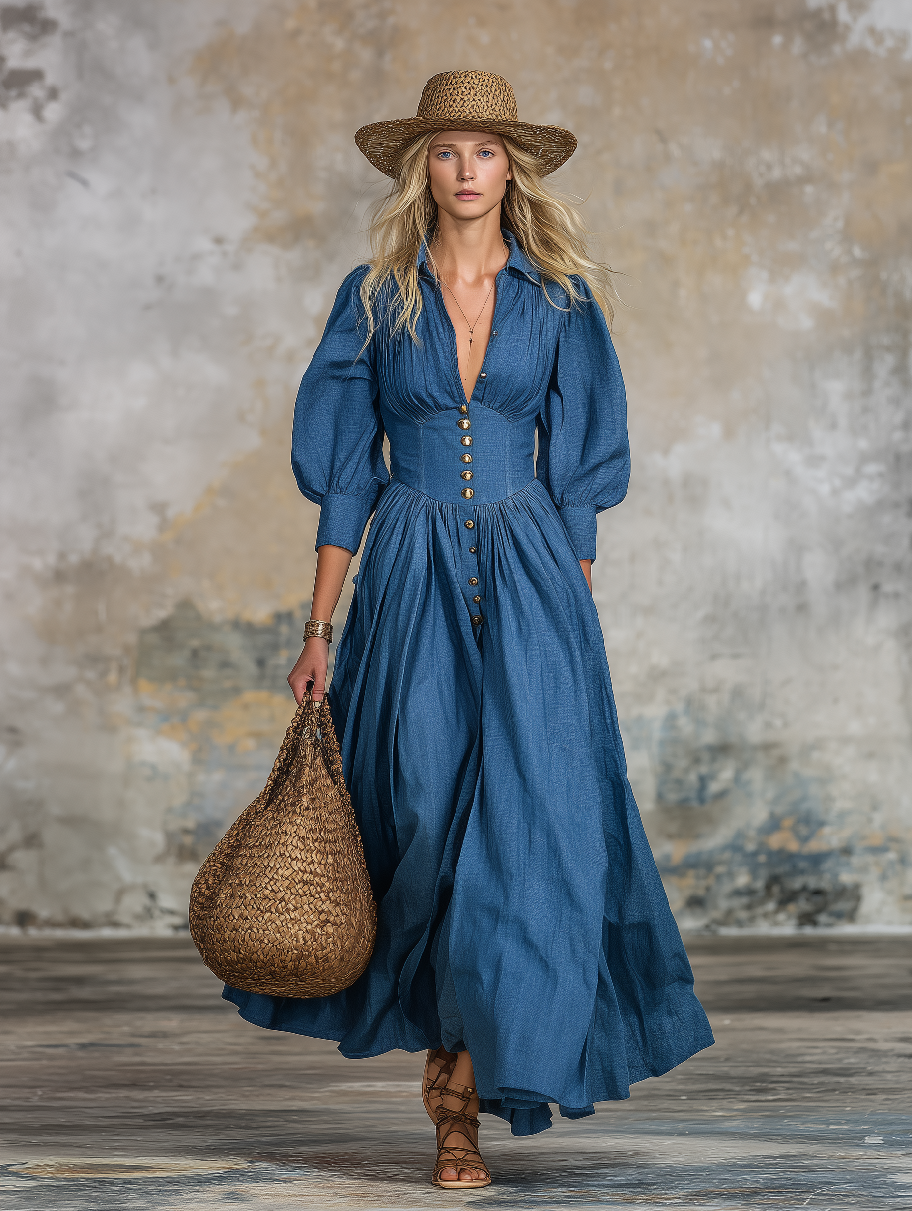 Stylish Blue Denim V-neck Button-down With Flared Hem Maxi Dress