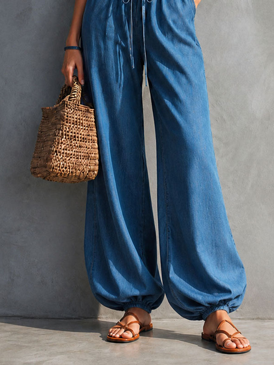 Boho Chic Denim Blue Corset Wide-Leg Jumpsuit  [Pre-order]