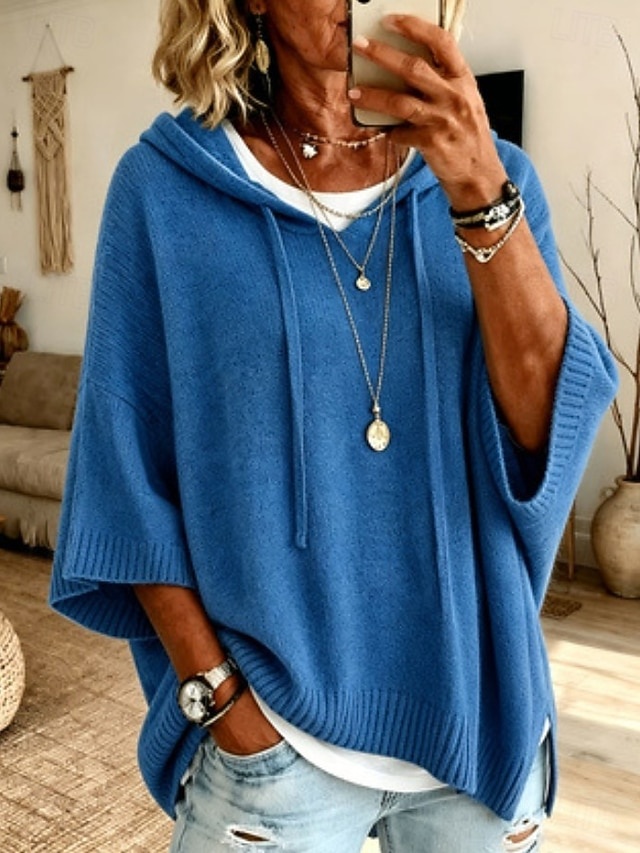 Women's Pullover Sweater Jumper Knit Sweater Streetwear Ribbed Hooded Hooded 3/4 Length Sleeve Long Tops