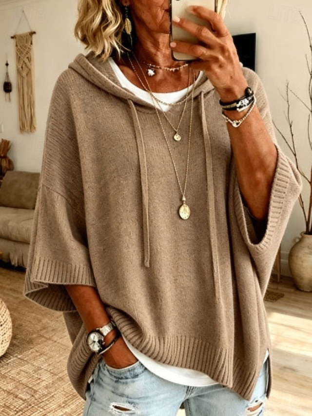 Women's Pullover Sweater Jumper Knit Sweater Streetwear Ribbed Hooded Hooded 3/4 Length Sleeve Long Tops