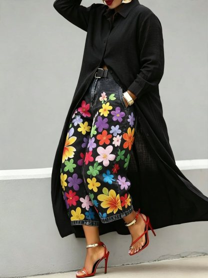Women's High Waist Floral Print Cropped Straight Leg Jeans