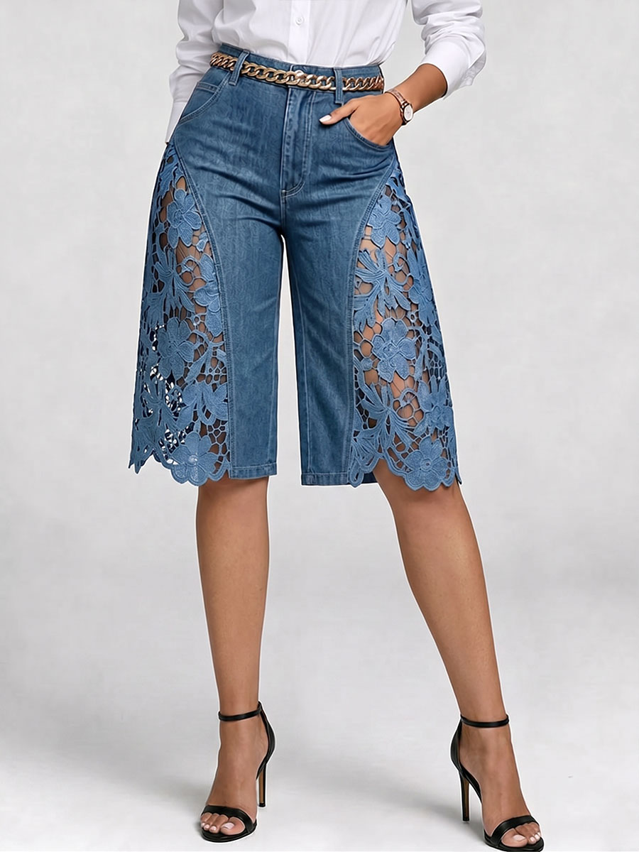 Women's High-waisted Cutout Lace Loose-fit Wide-leg Denim Shorts---Belt Not Included