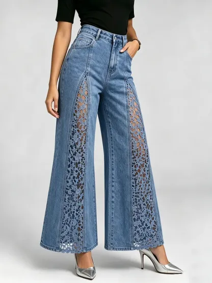 Stylish Lace-paneled Flared Jeans