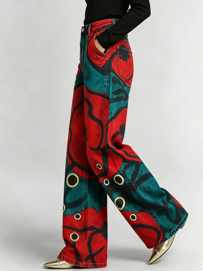 Vintage Floral Print Wide Leg Jeans – High Waist Loose Fit Eyelet Detail Denim Pants