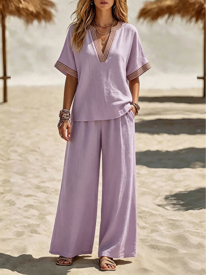 Contrast Trim V-Neck Wide Leg Set – Relaxed Short Sleeve Two-Piece Outfit