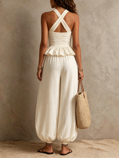 Boho Ivory Ruched Peplum Waist Halter Harem Jumpsuit [Pre-order]