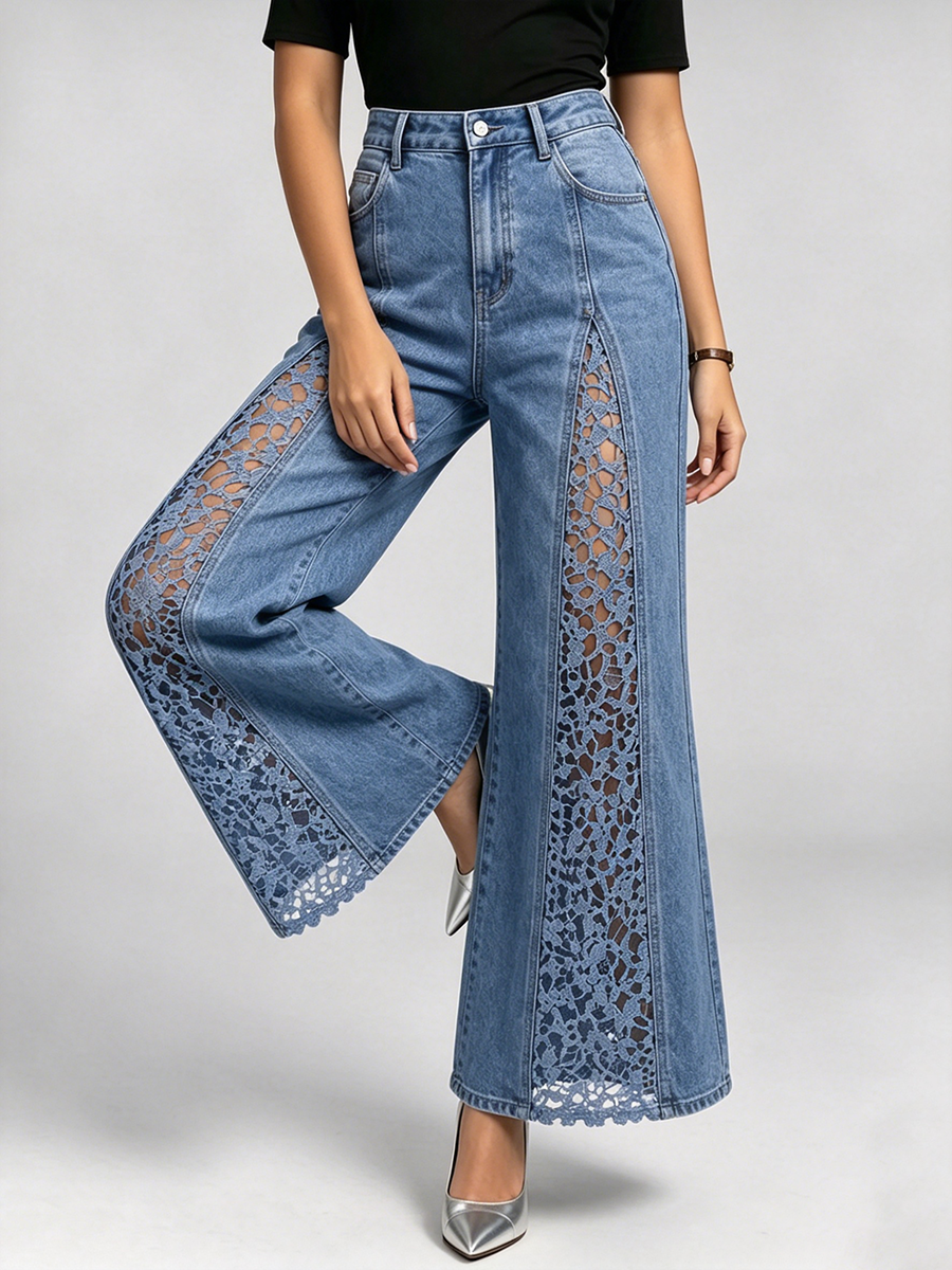 Stylish Lace-paneled Flared Jeans
