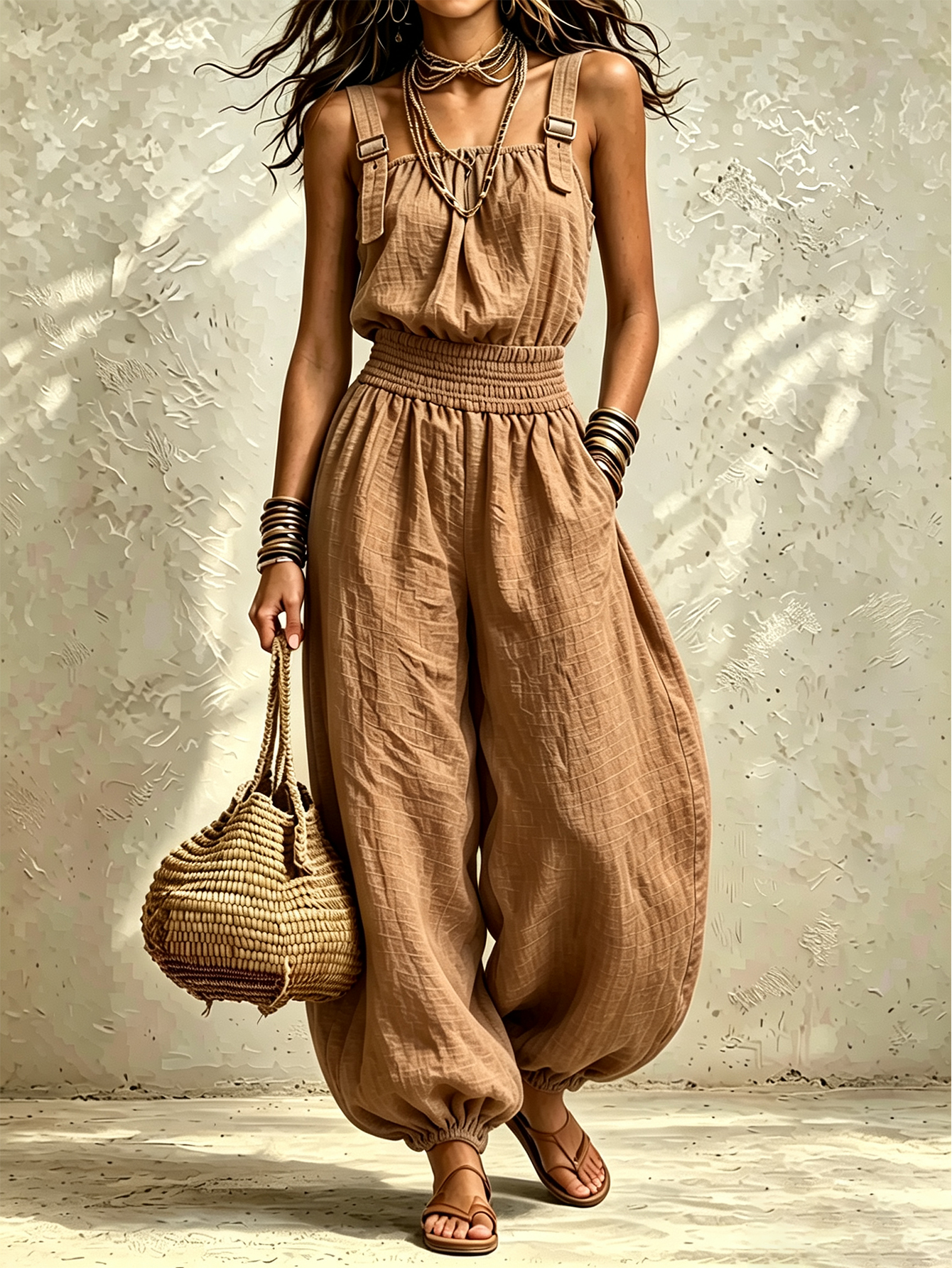 Women’s Linen Cotton Jumpsuit, Sleeveless Harem Pants Romper, Casual  One-Piece Outfit