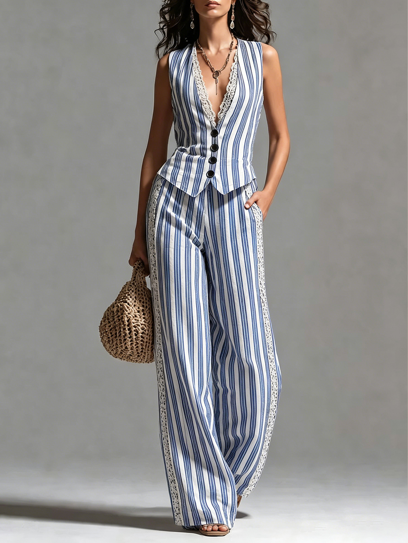 Retro Striped Slim-Fit Vest & Lace-Trimmed Wide-Leg Pants Set [Pre-order]