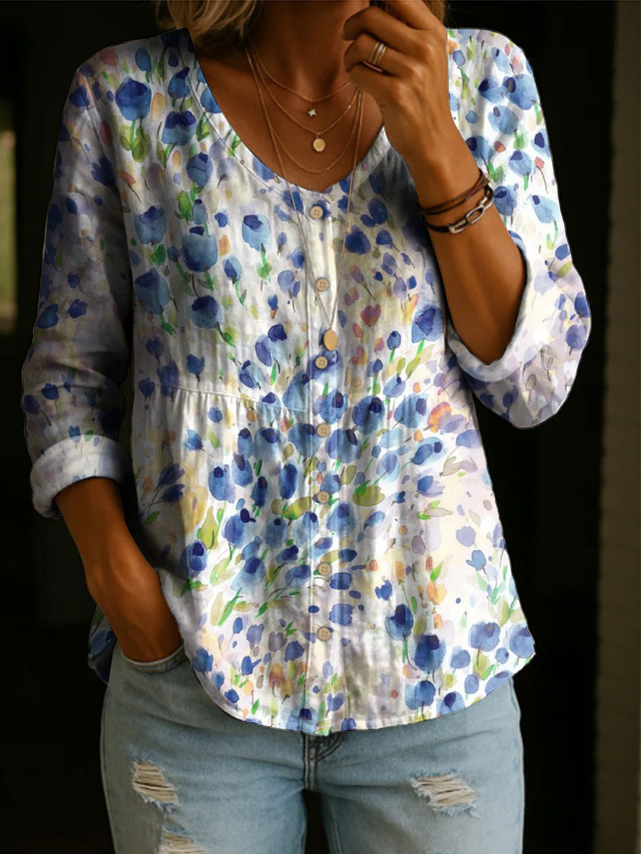 Women's Floral Pattern Art Print Casual Cotton Shirt