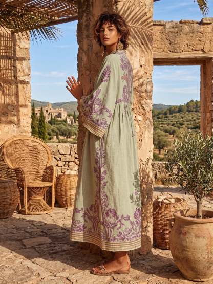 Bohemian Floral Print Cotton-linen Maxi Dress