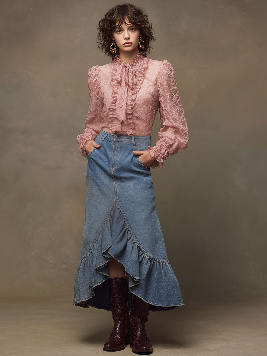 Western Retro Blue Denim Ruffle Skirt