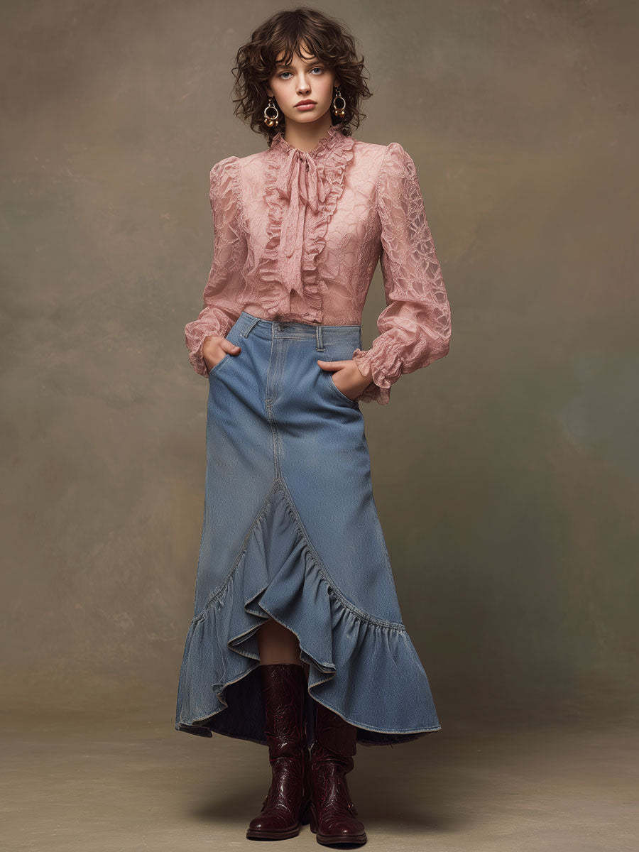 Western Retro Blue Denim Ruffle Skirt