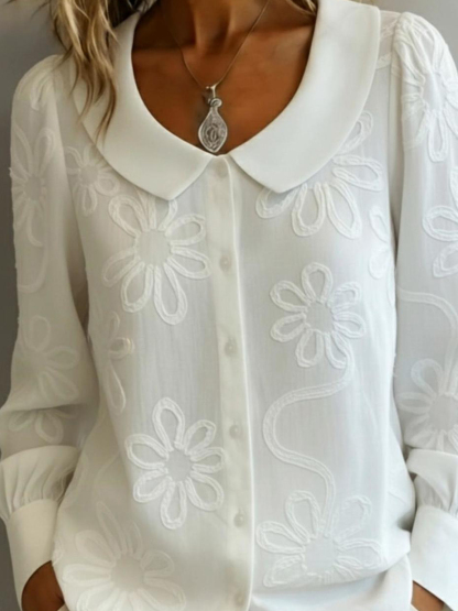 Elegant Peter Pan Collar Embroidered Floral Shirt