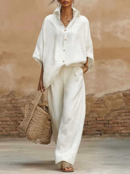 Elegant Classic Striped Shirt And Wide-leg Pants Two-piece Set