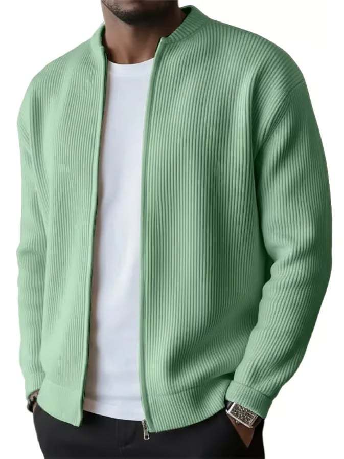 Men's Simple Casual Ribbed Stand Collar Zipper Long Sleeved Jacket