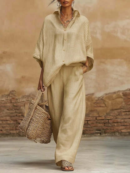 Elegant Classic Striped Shirt And Wide-leg Pants Two-piece Set