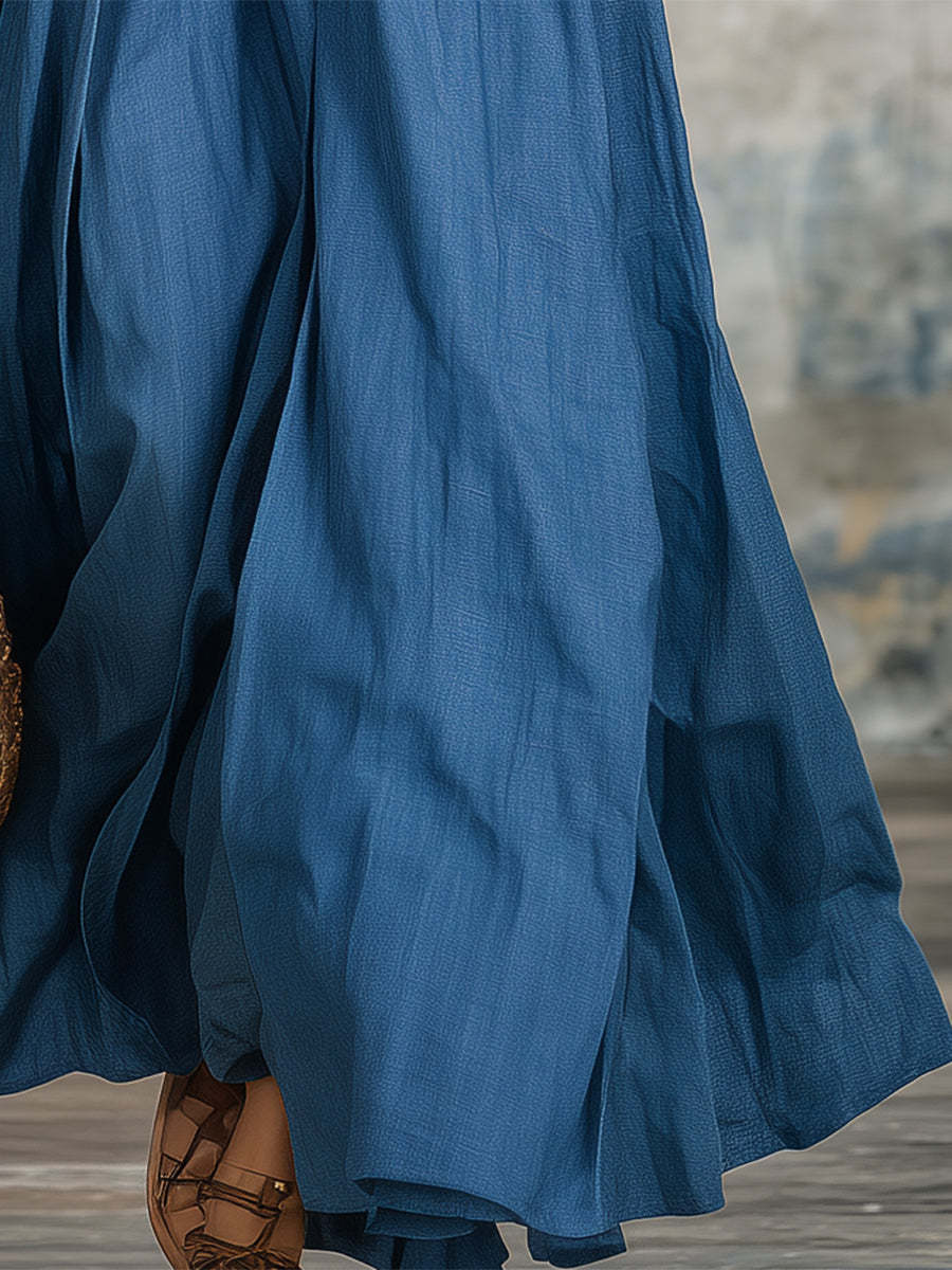 Stylish Blue Denim V-neck Button-down  With Flared Hem Maxi Dress
