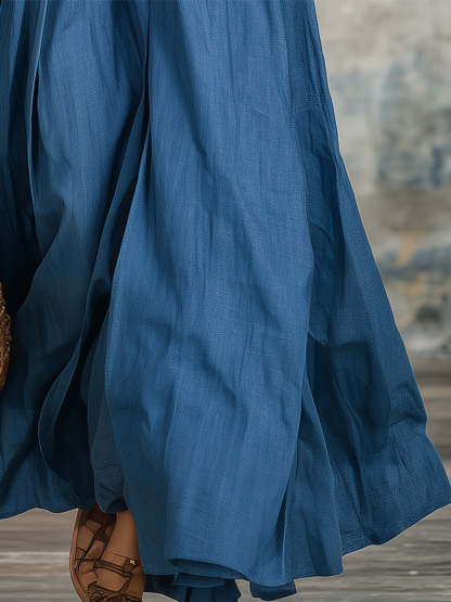 Stylish Blue Denim V-neck Button-down  With Flared Hem Maxi Dress