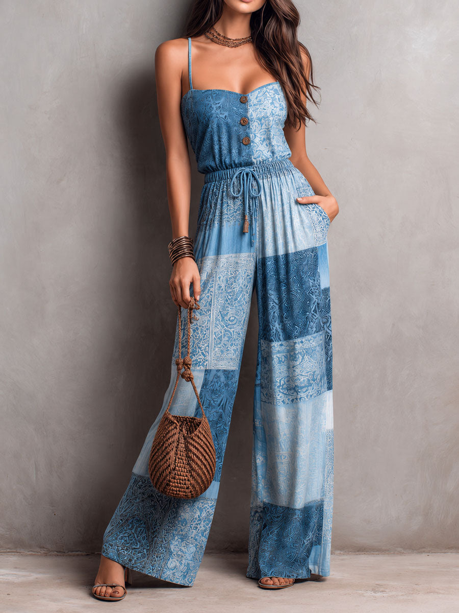 Boho Blue Patchwork Print Strap Wide-Leg Jumpsuit [Pre-order]
