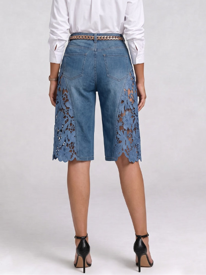 Women's High-waisted Cutout Lace Loose-fit Wide-leg Denim Shorts---Belt Not Included