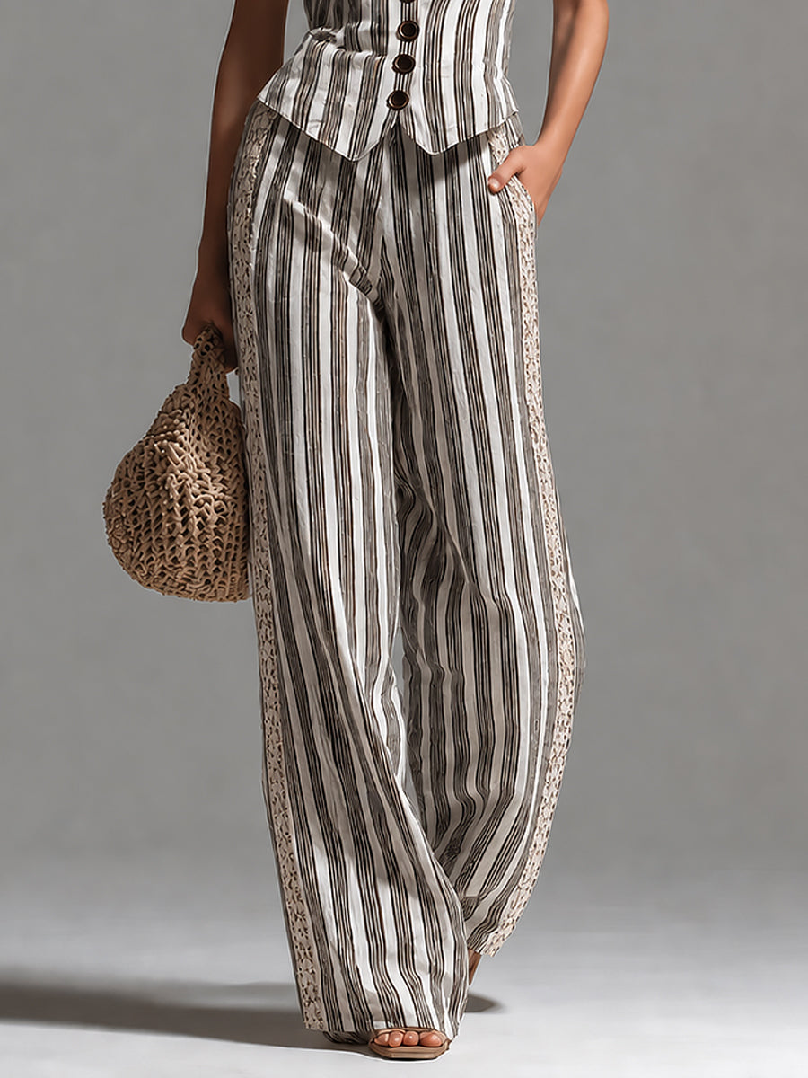 Retro Striped Slim-Fit Vest & Lace-Trimmed Wide-Leg Pants Set [Pre-order]