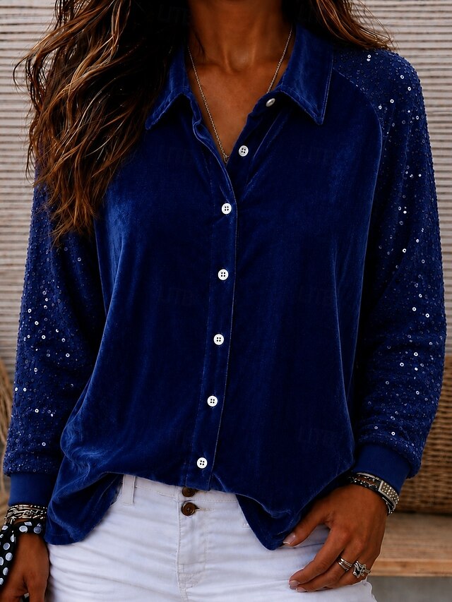 Women's Shirt Velvet Sequins Elegant Long Sleeve Shirt