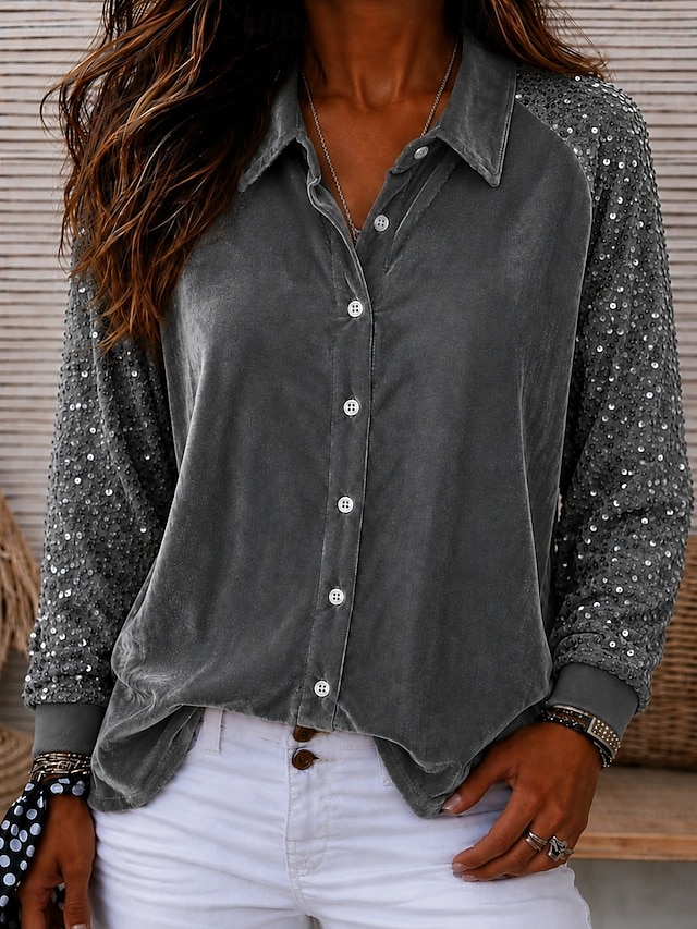 Women's Shirt Velvet Sequins Elegant Long Sleeve Shirt