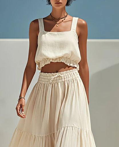 Women's Beige Linen-Blend Two-Piece Set With Square Neck Crop Tank Top & Tiered Maxi Skirt, Casual Summer Resort Outfit
