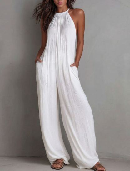 Minimalist Halter-neck Loose Cotton-linen Jumpsuit