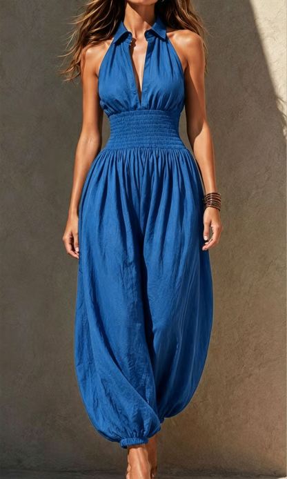 Boho Black Cotton Blend Smocked Waist Halter Balloon-Leg Jumpsuit