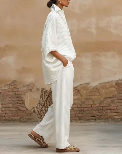 Elegant Classic Striped Shirt And Wide-leg Pants Two-piece Set