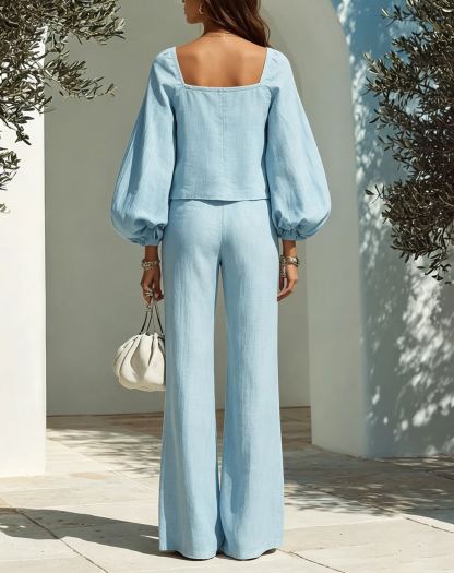 Resort-style Square-neck Lantern-sleeve Top And Trousers Set