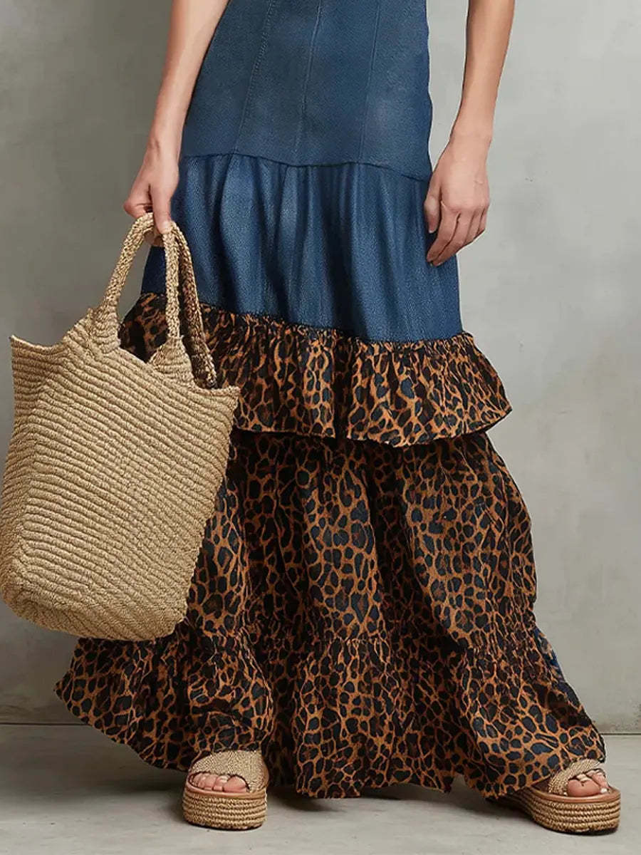 Women's Retro Leopard Art Casual Stylish Denim Patchwork Maxi Dress