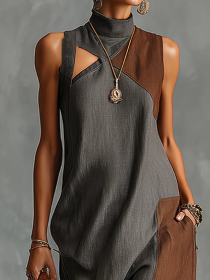 Fashionable Color-blocked Linen-cotton Maxi Dress