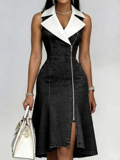 Stylish Collared, Sleeveless, Zip-front Denim Dress