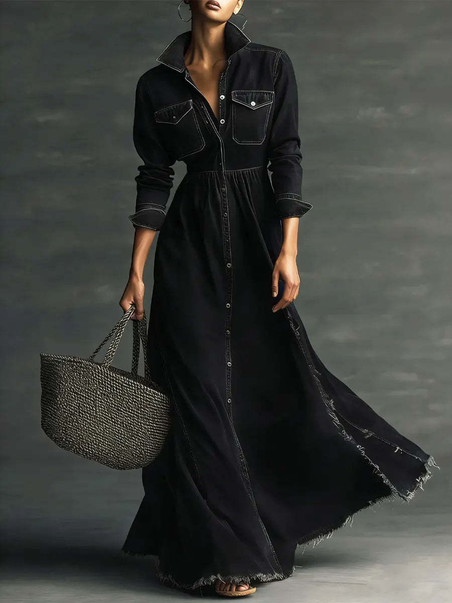Women Stylish Art Stand Collar Washed Denim Midi Dress