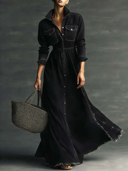 Women Stylish Art Stand Collar Washed Denim Midi Dress