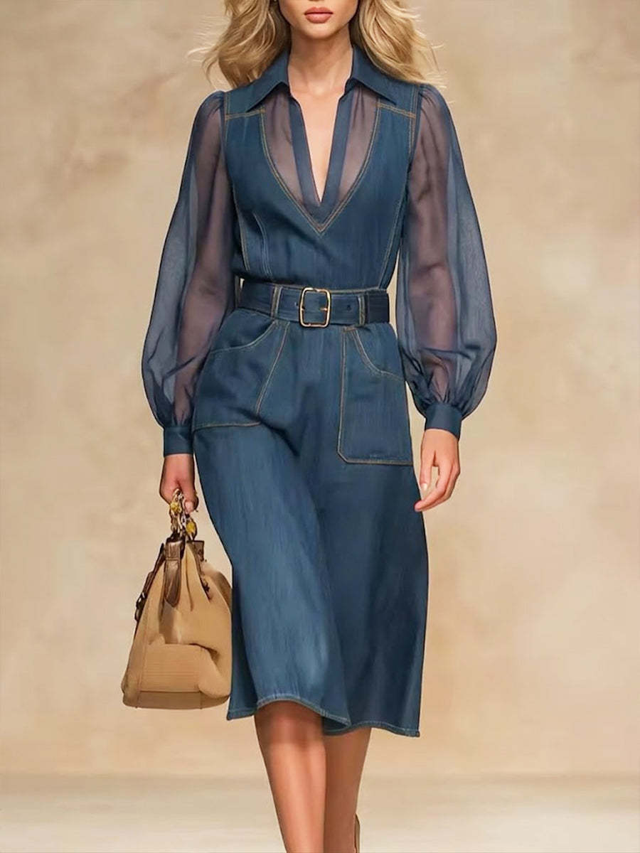 Stylish Casual Spliced chiffon And Denim Dress