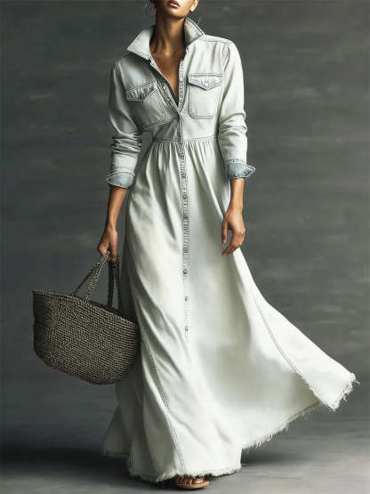 Women Stylish Art Stand Collar Washed Denim Midi Dress
