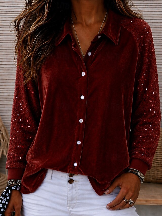Women's Shirt Velvet Sequins Elegant Long Sleeve Shirt