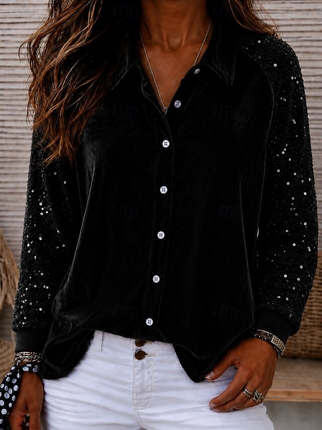 Women's Shirt Velvet Sequins Elegant Long Sleeve Shirt