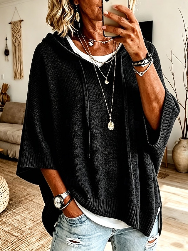 Women's Pullover Sweater Jumper Knit Sweater Streetwear Ribbed Hooded Hooded 3/4 Length Sleeve Long Tops