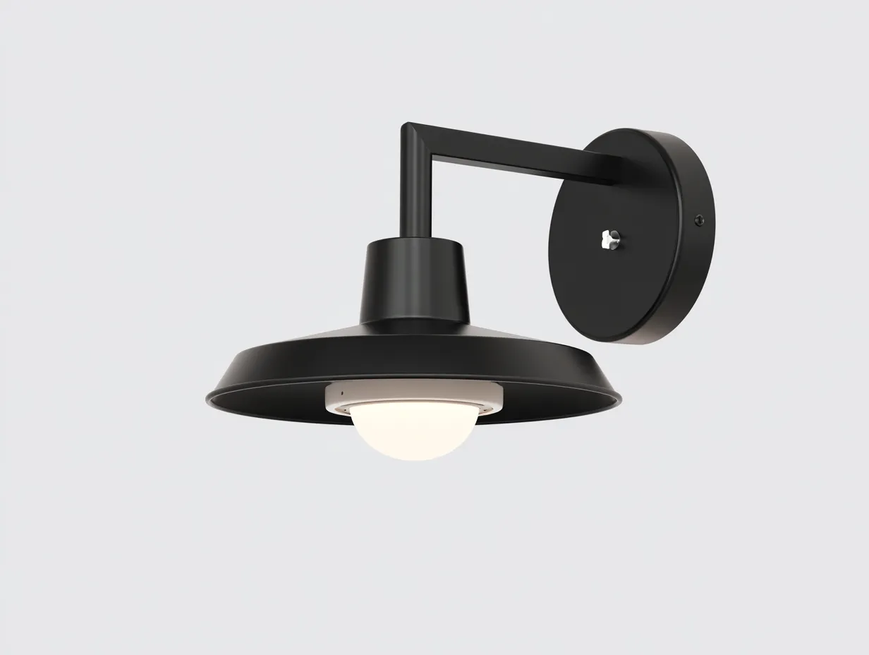 Applique da parete per esterni in metallo 34 x 28 x 22 cm - nero opaco e bianco latte - paralume industriale con diffusore sferico inferiore