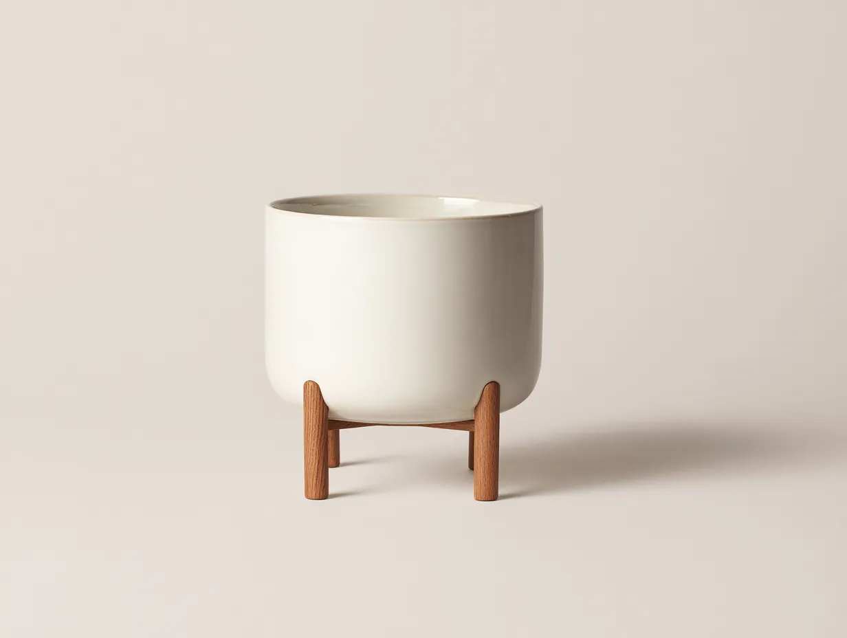 Vaso da fiori in ceramica con supporto basso in legno 23 x 23 x 30 cm - bianco avorio e rovere caldo - per soggiorno - stile naturale contemporaneo