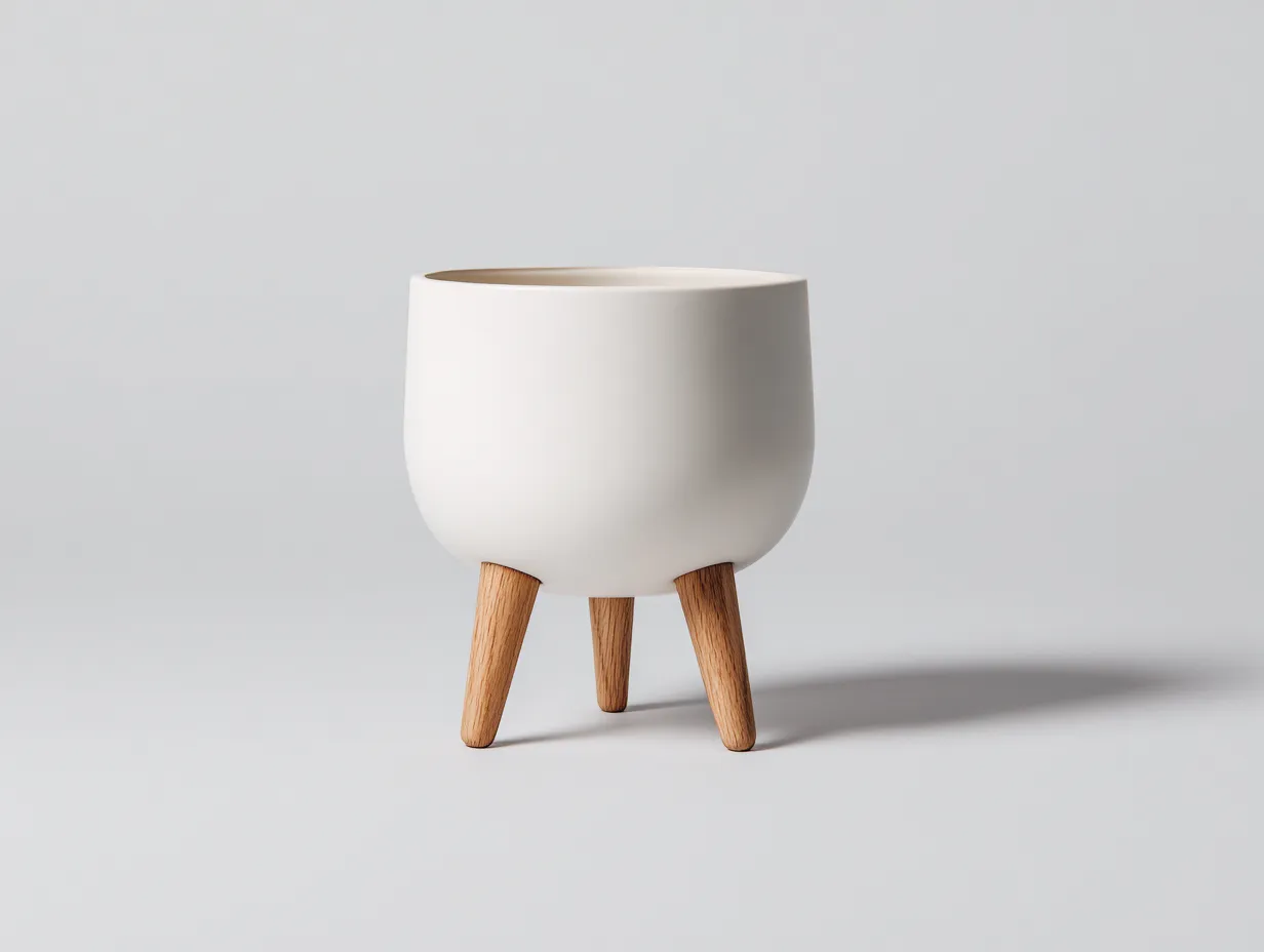 Vaso da fiori in ceramica con piedini in legno 22 x 22 x 28 cm - bianco crema e rovere chiaro - per soggiorno - stile scandinavo morbido