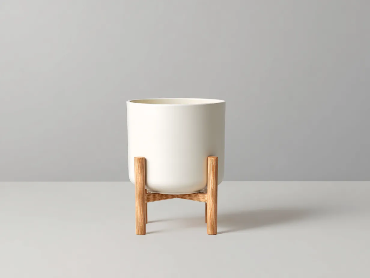 Vaso da fiori in ceramica con base in legno 25 x 25 x 36 cm - bianco latte e rovere naturale - per soggiorno - stile moderno nordico